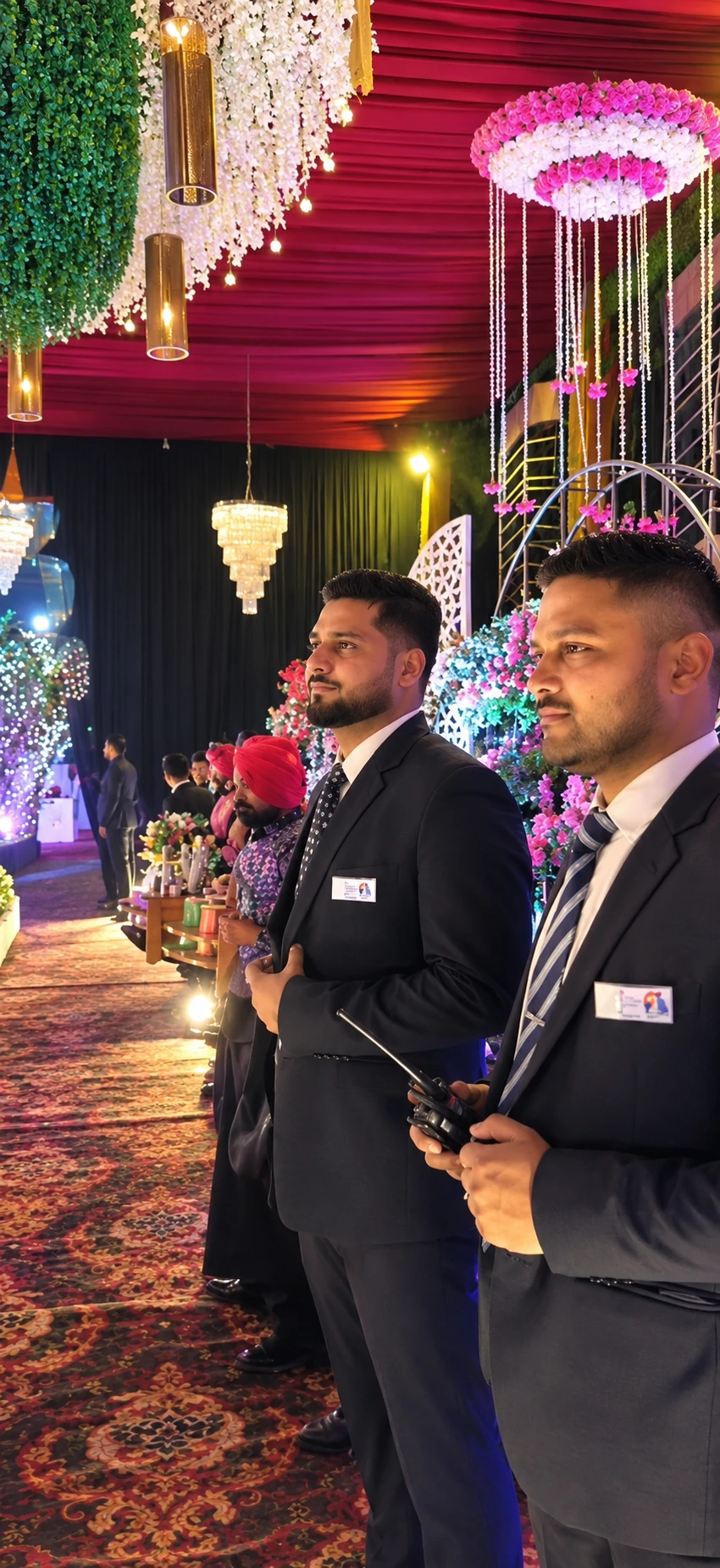 Two team members in dark suits on duty in a hall decorated with hanging flowers and chandeliers